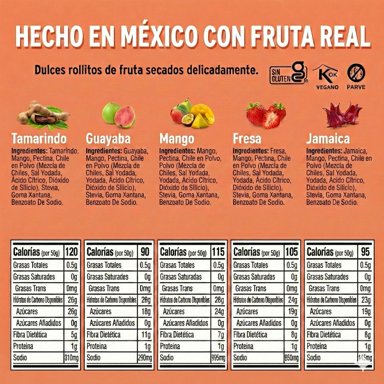 Fruta Deshidratada Natural, 100% Fruta, Tiras Sin Azúcar añadida