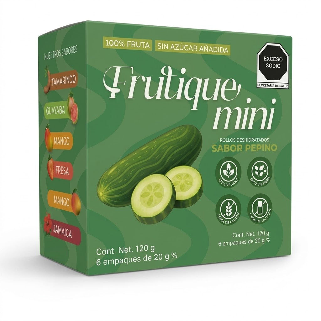 Frutique Mini, Rollos de Sabor Pepino 100% Natural Deshidratada, Endulzados Con Datil  – Snack Saludable Sin Azúcar – 6 Bolsas Bolsa Con 20g c/u – Botana Natural para Lunch y Snacks.