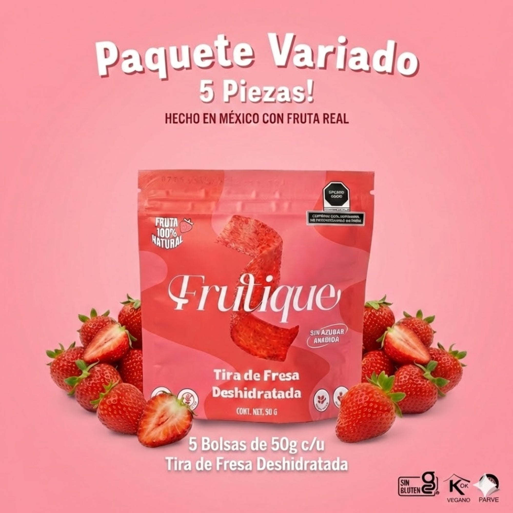 Fresa Deshidratada Natural, 100% Fruta, Tiras Sin Azúcar añadida, pack 5