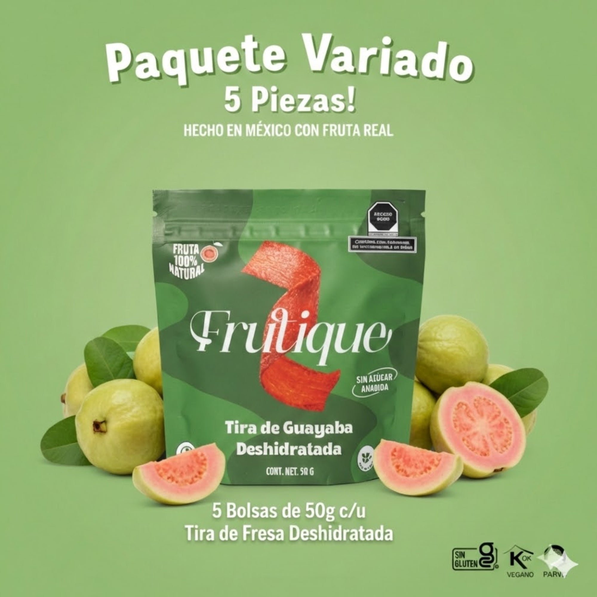 Guayaba Deshidratada Natural, 100% Fruta, Tiras Sin Azúcar añadida, pack 5