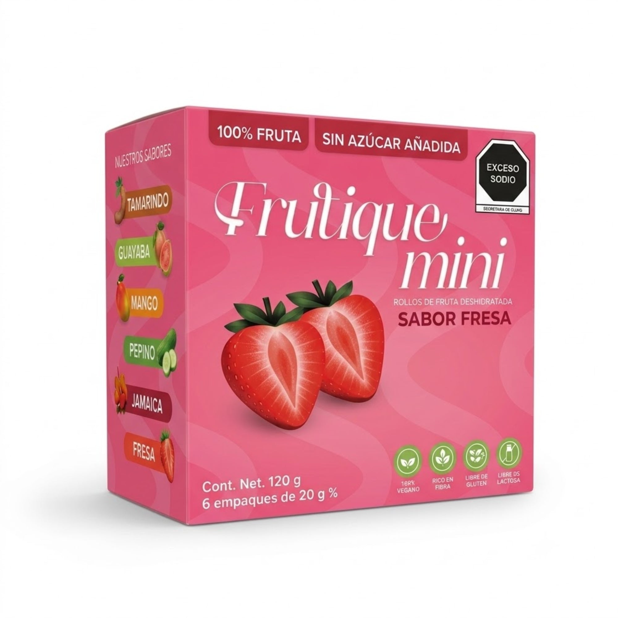 Frutique Mini, Rollos de Fruta Sabor Fresa 100% Natural Deshidratada, Endulzados Con Datil  – Snack Saludable Sin Azúcar – 6 Bolsas Bolsa Con 20g c/u – Botana Natural para Lunch y Snacks