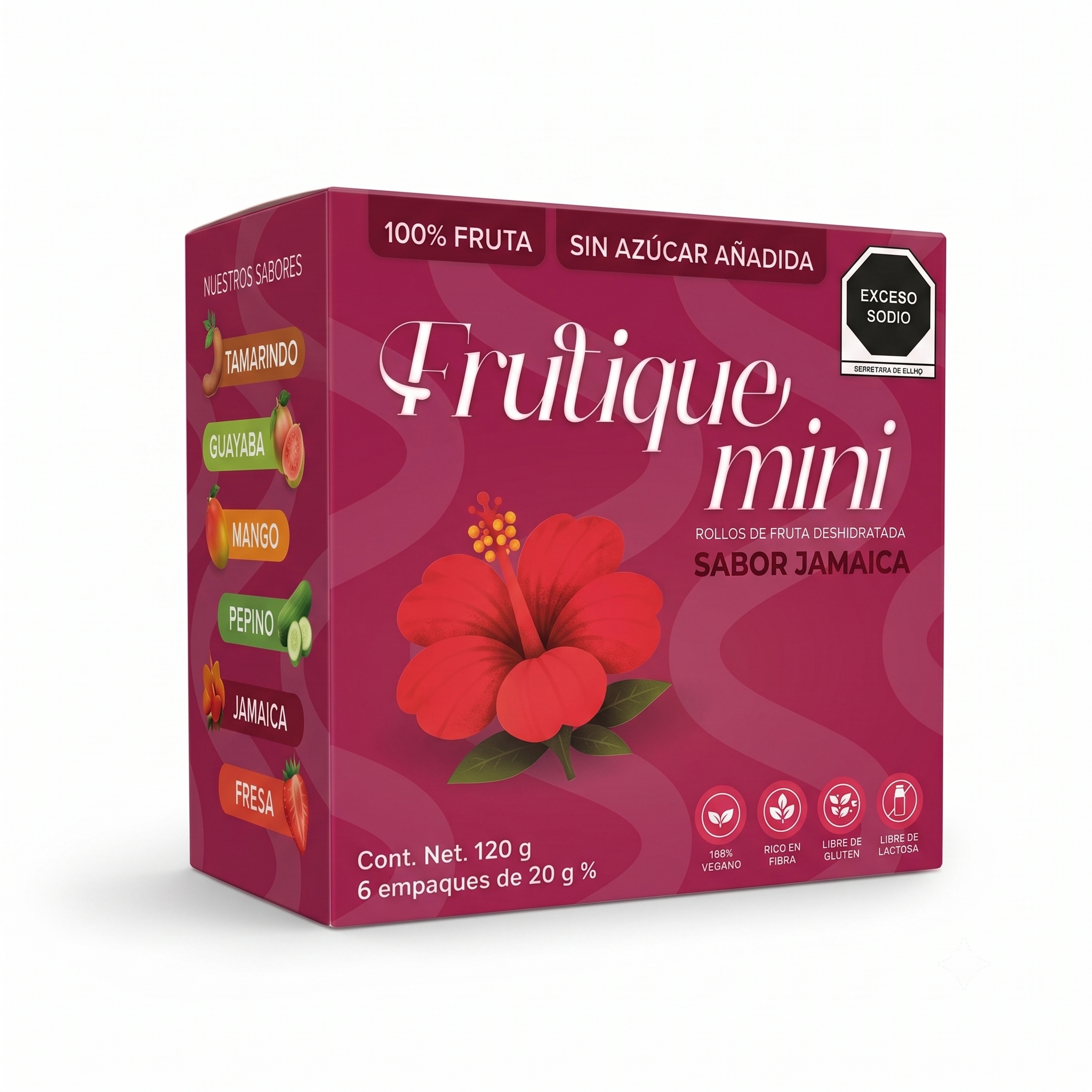 Frutique Mini, Rollos de Fruta 100% Natural - Sabor Jamaica - 6 Bolsas x Caja