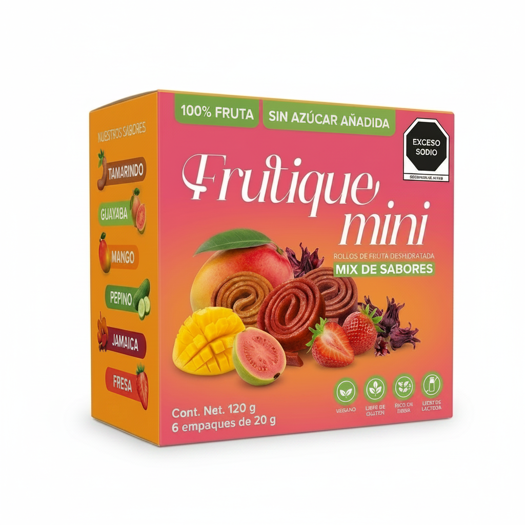Frutique Mini, Rollos de Fruta 100% Natural Deshidratada, Endulzados Con Datil  – Snack Saludable Sin Azúcar – 6 Bolsas Bolsa Con 20g c/u – Botana Natural para Lunch y Snacks
