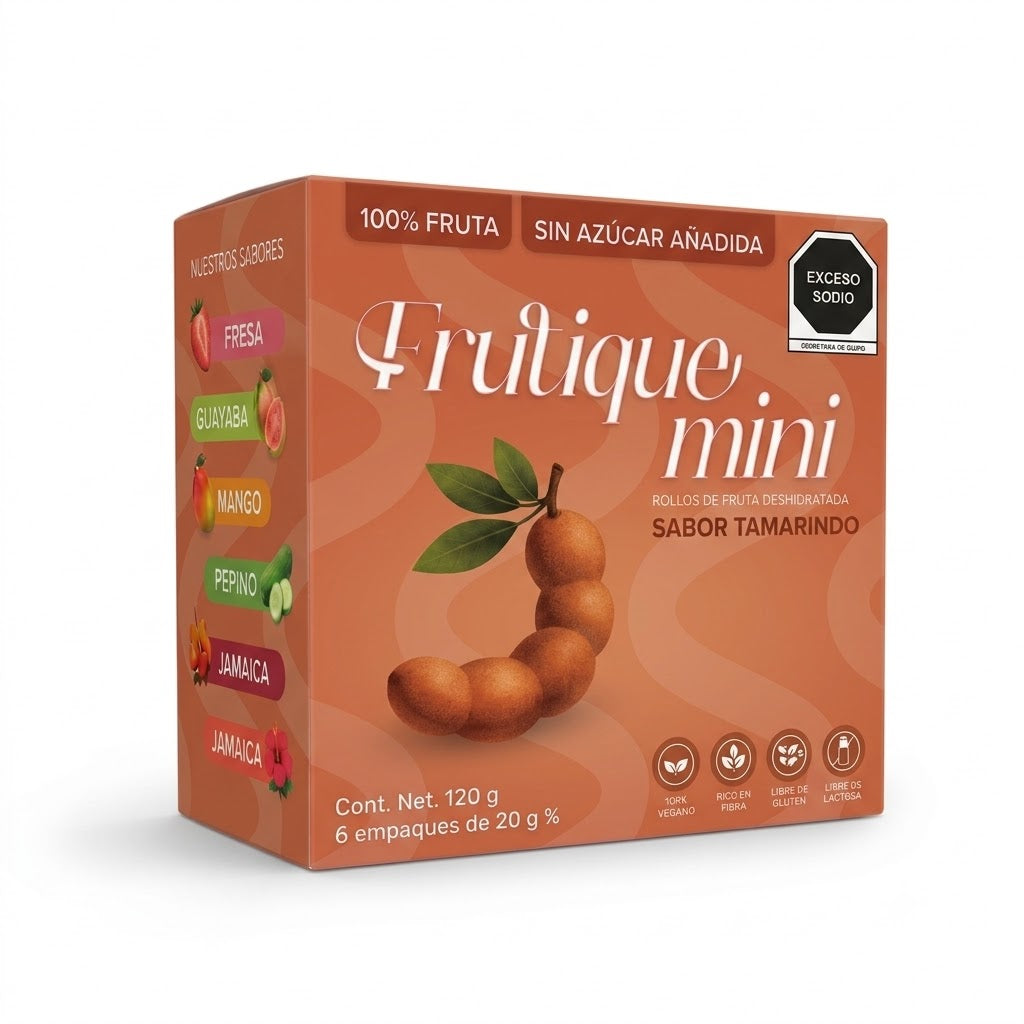 Frutique Mini, Rollos de Fruta Sabor Tamarindo 100% Natural Deshidratada, Endulzados Con Datil  – Snack Saludable Sin Azúcar – 6 Bolsas Bolsa Con 20g c/u – Botana Natural para Lunch y Snacks.