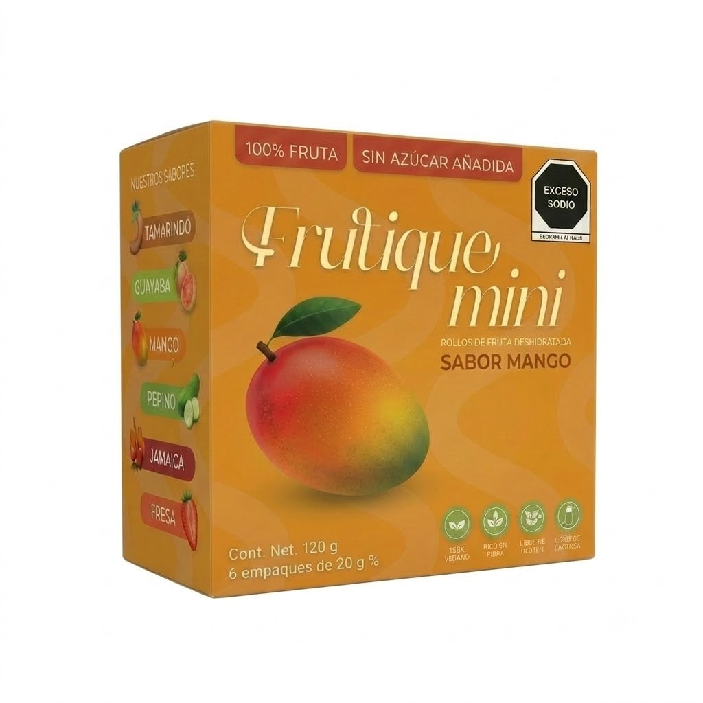 Frutique Mini, Rollos de Fruta Sabor Mango 100% Natural Deshidratada, Endulzados Con Datil  – Snack Saludable Sin Azúcar – 6 Bolsas Bolsa Con 20g c/u – Botana Natural para Lunch y Snacks.