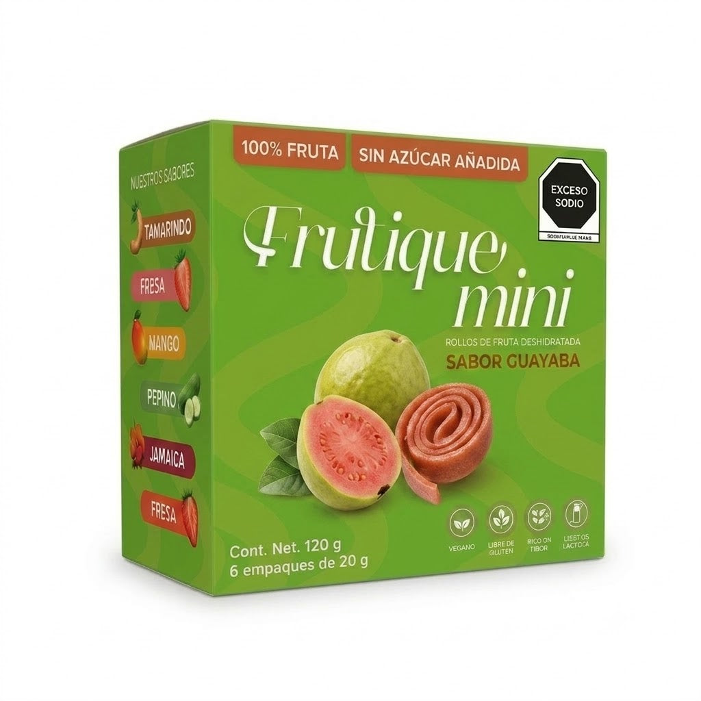 Frutique Mini, Rollos de Fruta Sabor Guayaba 100% Natural Deshidratada, Endulzados Con Datil  – Snack Saludable Sin Azúcar – 6 Bolsas Bolsa Con 20g c/u – Botana Natural para Lunch y Snacks.