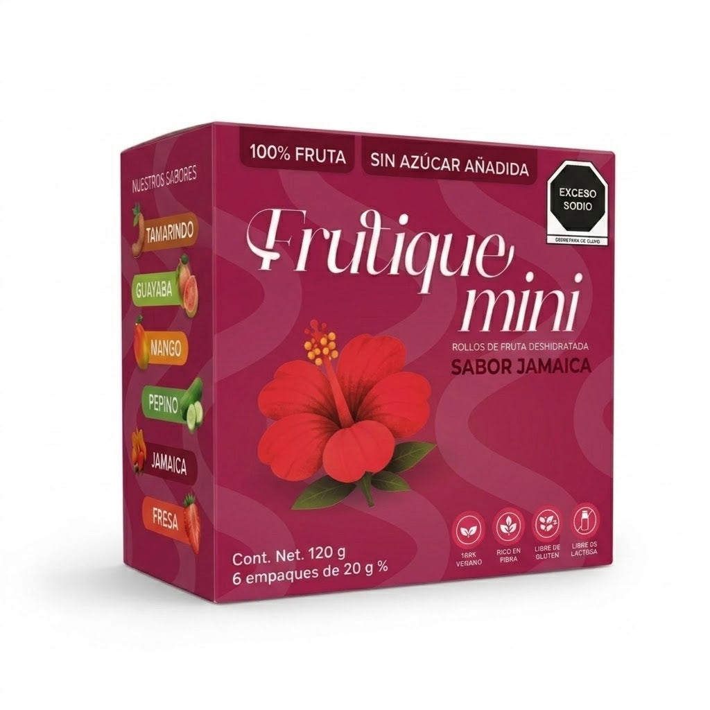 Frutique Mini, Rollos de Fruta Sabor Jamaica 100% Natural Deshidratada, Endulzados Con Datil  – Snack Saludable Sin Azúcar – 6 Bolsas Bolsa Con 20g c/u – Botana Natural para Lunch y Snacks.