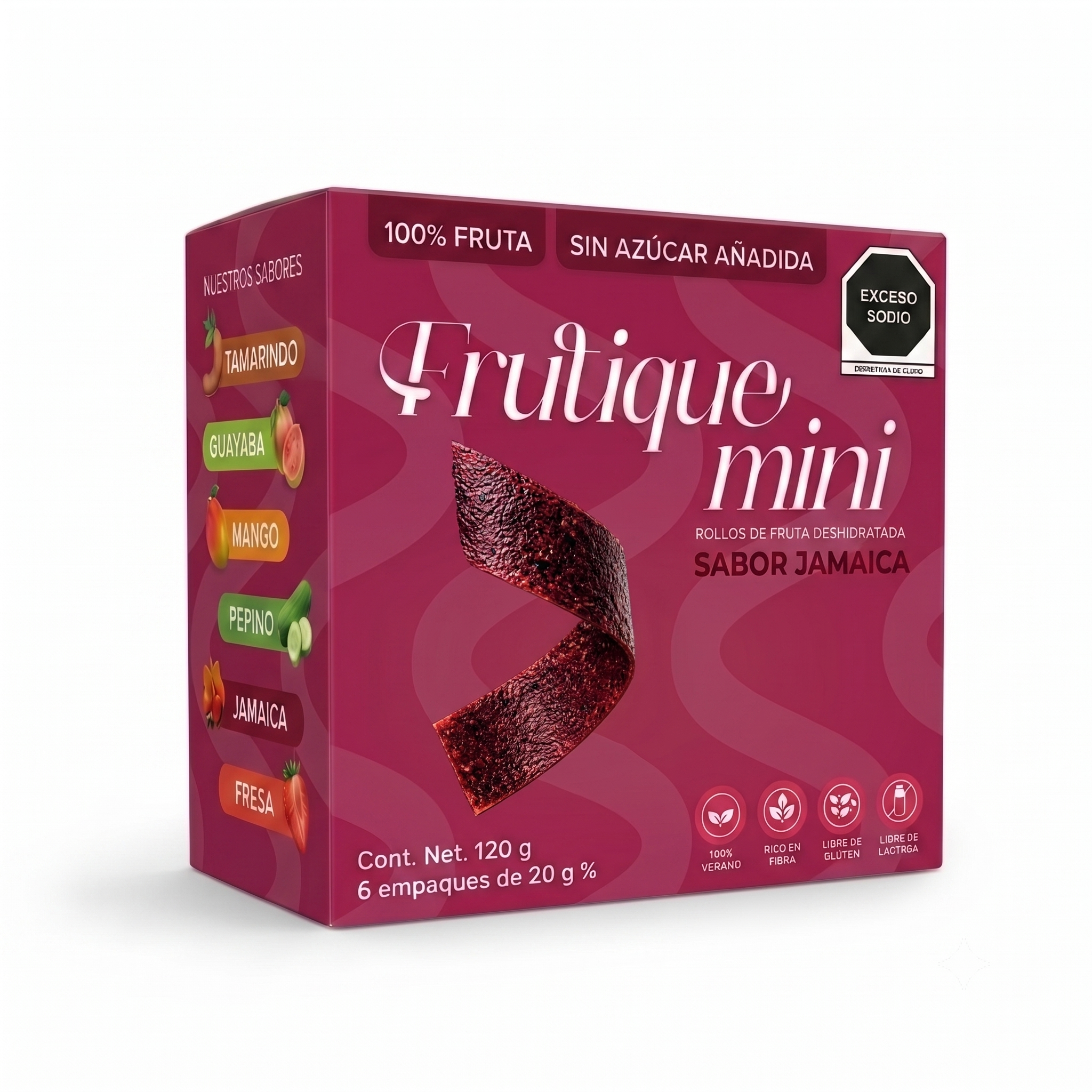 Frutique Mini, Rollos de Fruta 100% Natural - Sabor Jamaica - 6 Bolsas x Caja