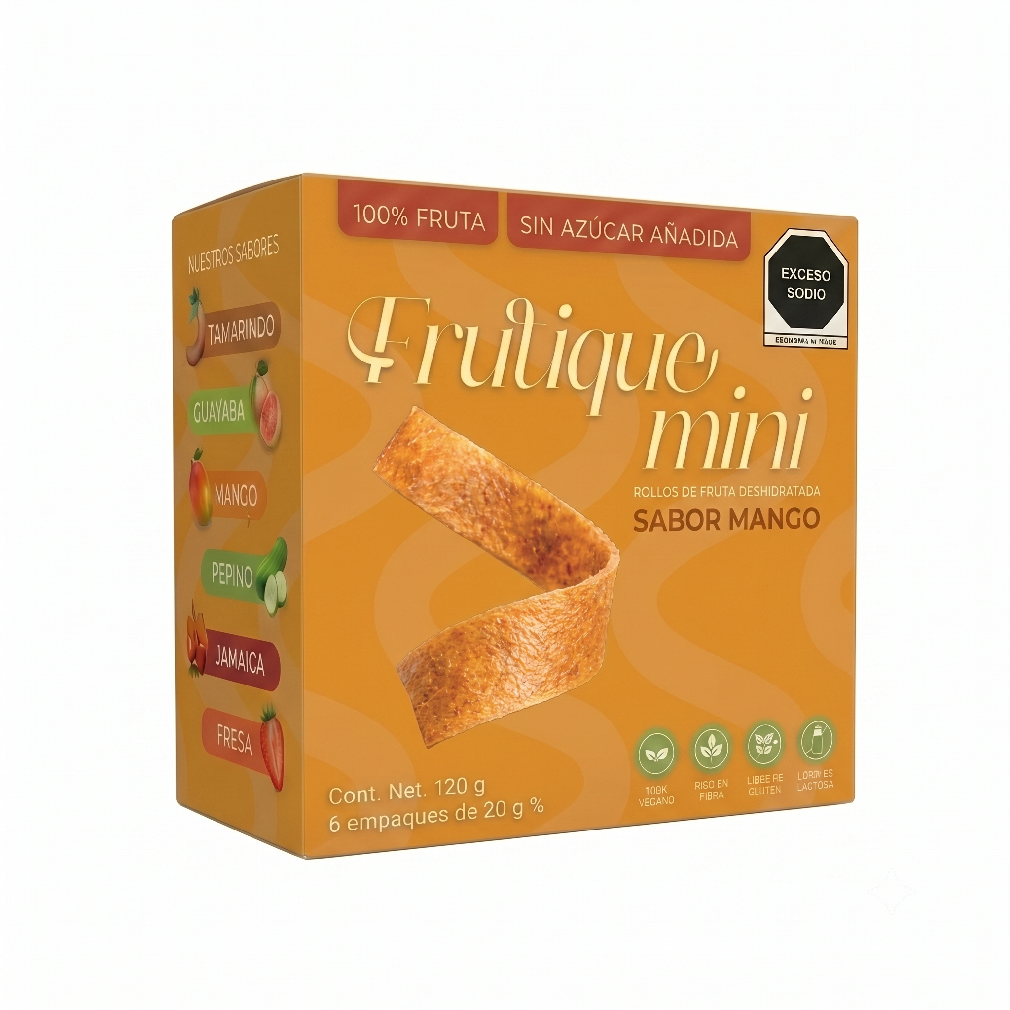 Frutique Mini, Rollos de Fruta 100% Natural - Sabor Mango - 6 Bolsas x Caja