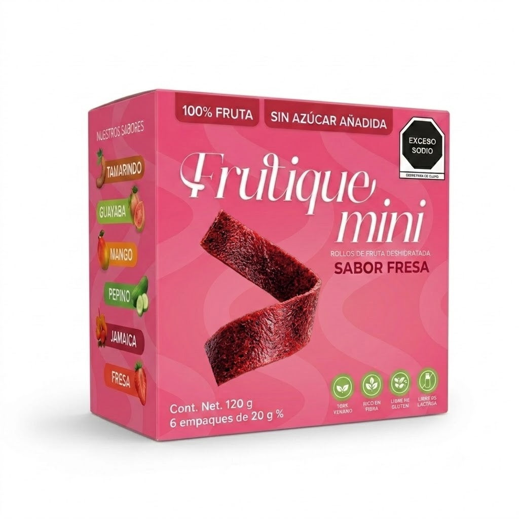 Frutique Mini, Rollos de Fruta Sabor Fresa 100% Natural Deshidratada, Endulzados Con Datil  – Snack Saludable Sin Azúcar – 6 Bolsas Bolsa Con 20g c/u – Botana Natural para Lunch y Snacks