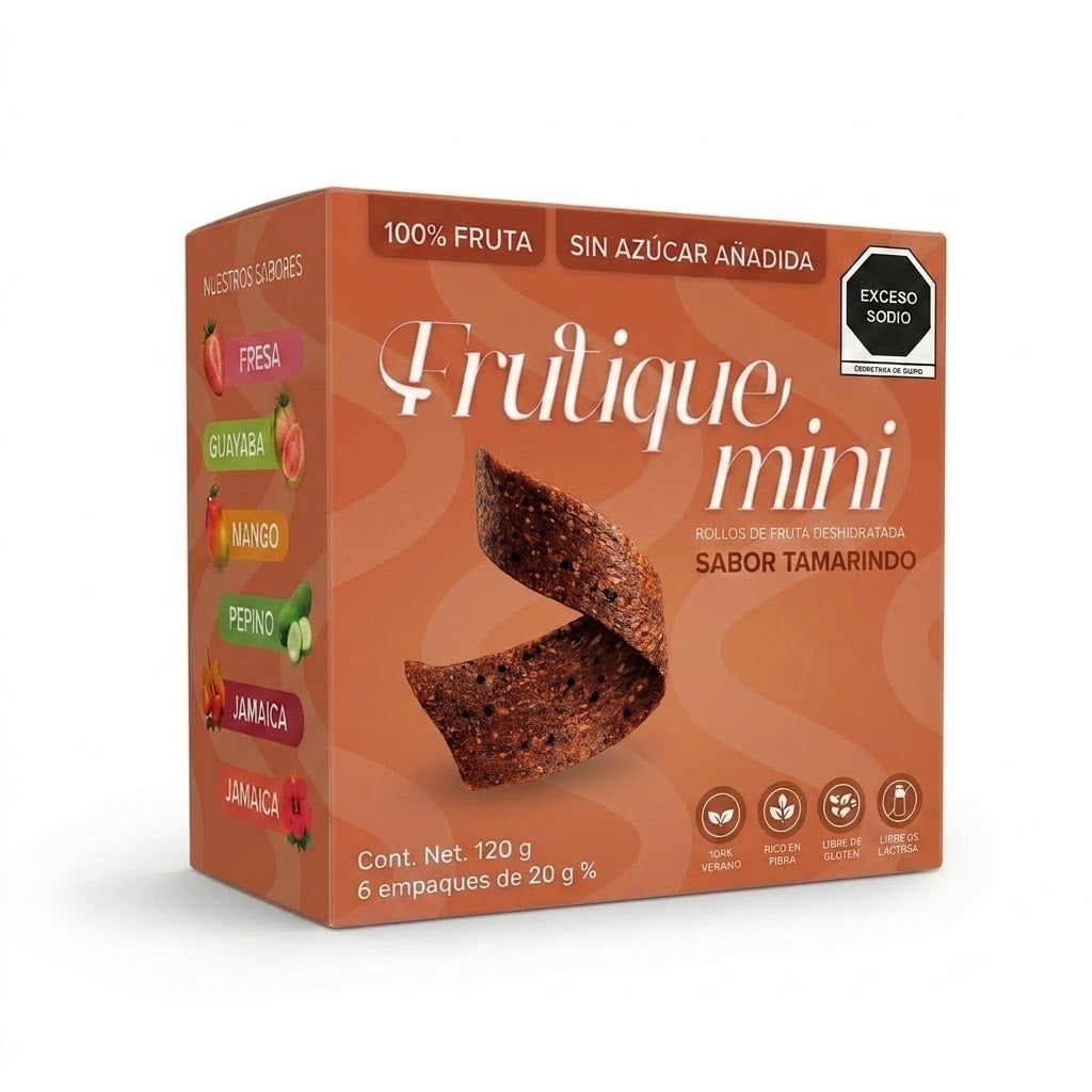 Frutique Mini, Rollos de Fruta Sabor Tamarindo 100% Natural Deshidratada, Endulzados Con Datil  – Snack Saludable Sin Azúcar – 6 Bolsas Bolsa Con 20g c/u – Botana Natural para Lunch y Snacks.