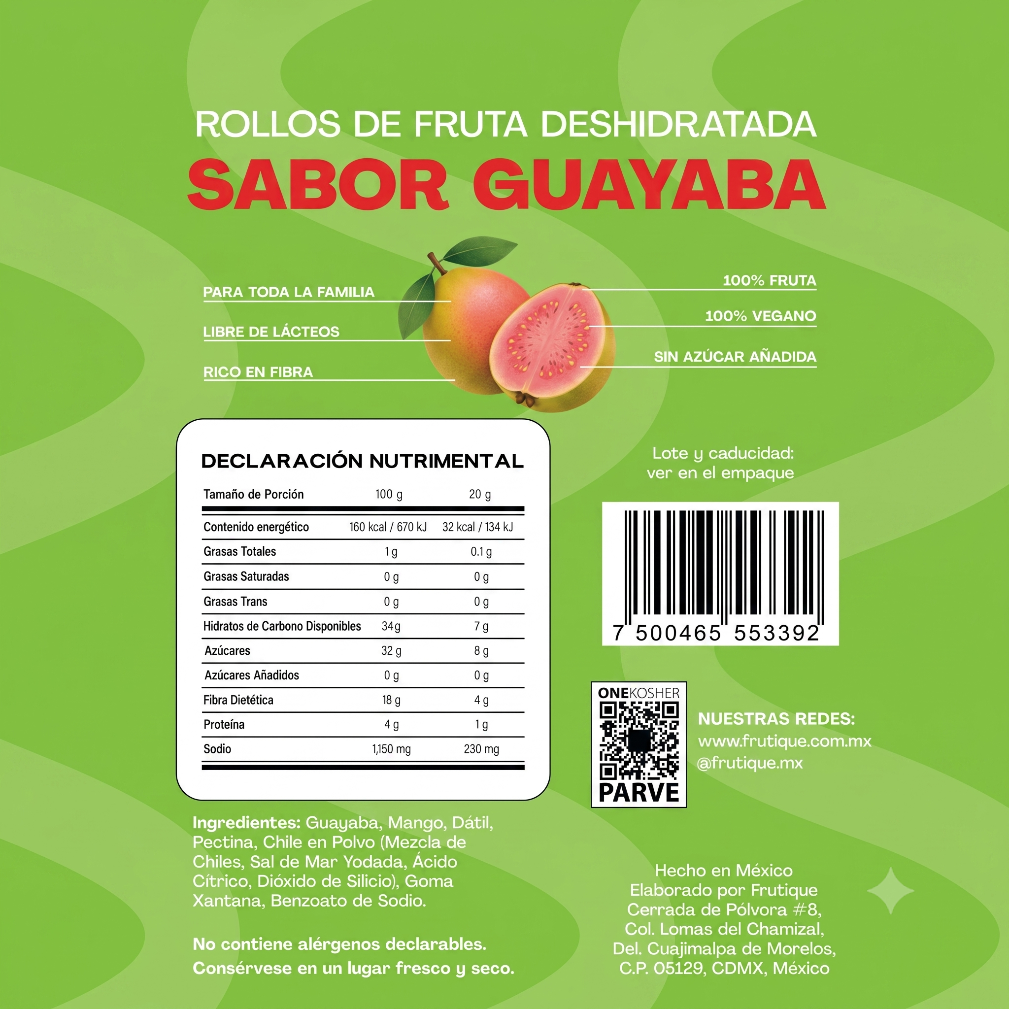 Frutique Mini, Rollos de Fruta 100% Natural - Sabor Guayaba - 6 Bolsas x Caja