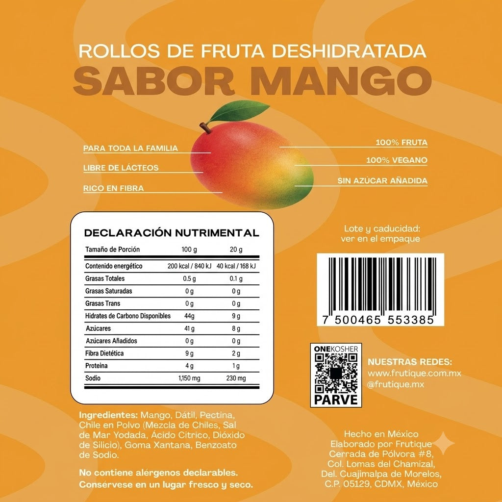 Frutique Mini, Rollos de Fruta 100% Natural - Sabor Mango - 6 Bolsas x Caja
