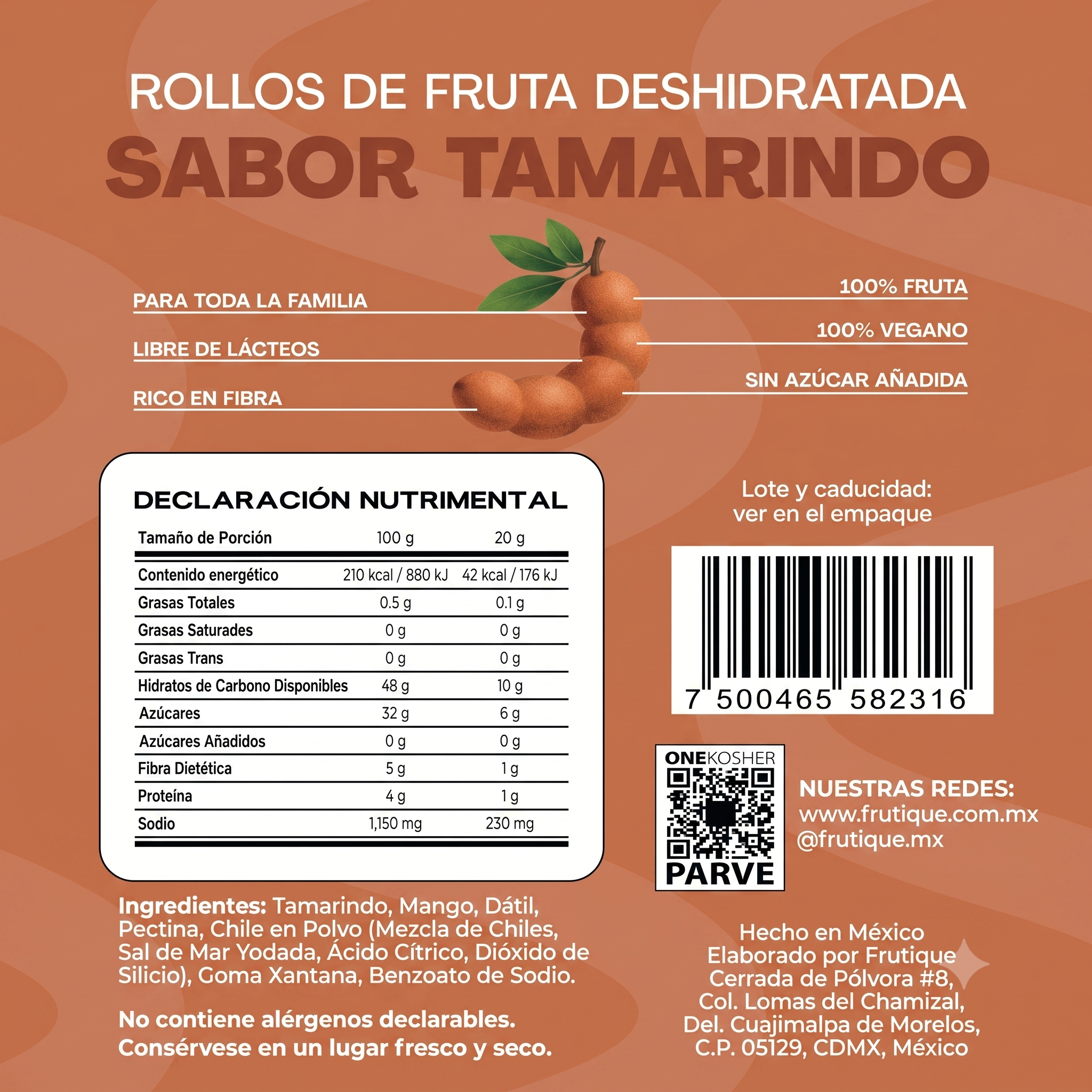 Frutique Mini, Rollos de Fruta 100% Natural - Sabor Tamarindo - 6 Bolsas x Caja