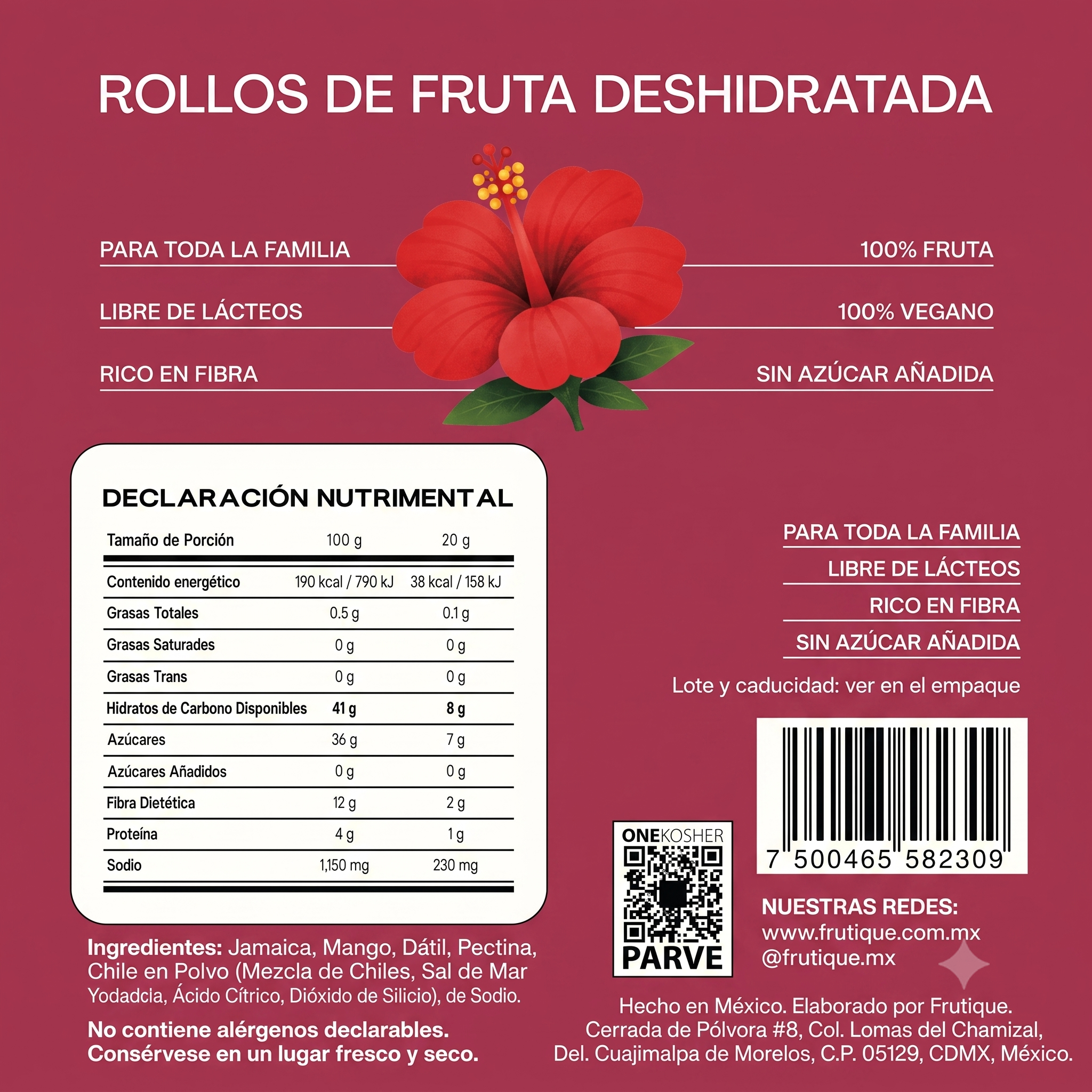 Frutique Mini, Rollos de Fruta 100% Natural - Sabor Jamaica - 6 Bolsas x Caja