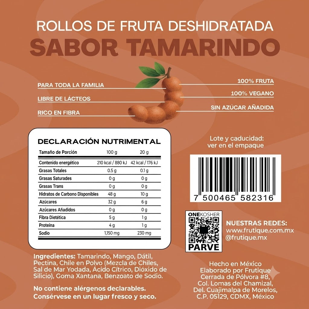 Frutique Mini, Rollos de Fruta Sabor Tamarindo 100% Natural Deshidratada, Endulzados Con Datil  – Snack Saludable Sin Azúcar – 6 Bolsas Bolsa Con 20g c/u – Botana Natural para Lunch y Snacks.