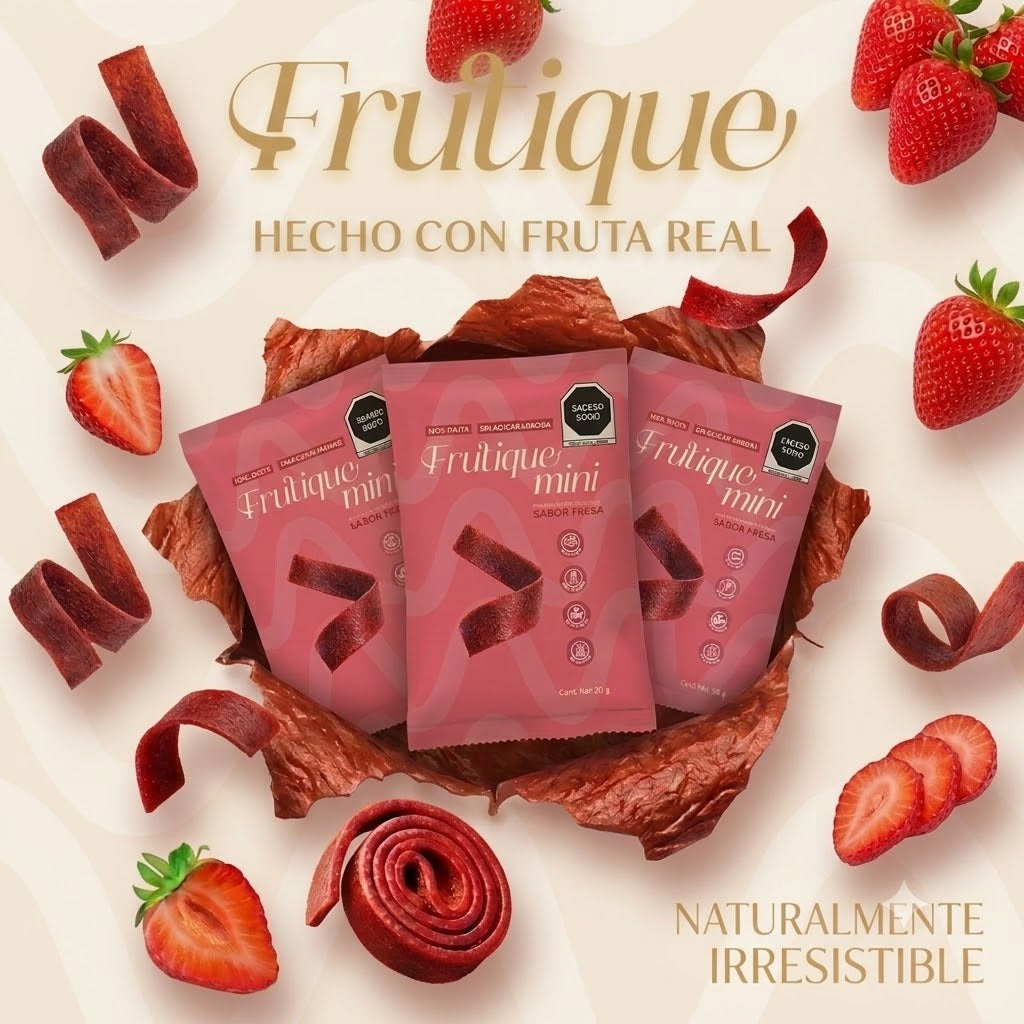 Frutique Mini, Rollos de Fruta Sabor Fresa 100% Natural Deshidratada, Endulzados Con Datil  – Snack Saludable Sin Azúcar – 6 Bolsas Bolsa Con 20g c/u – Botana Natural para Lunch y Snacks