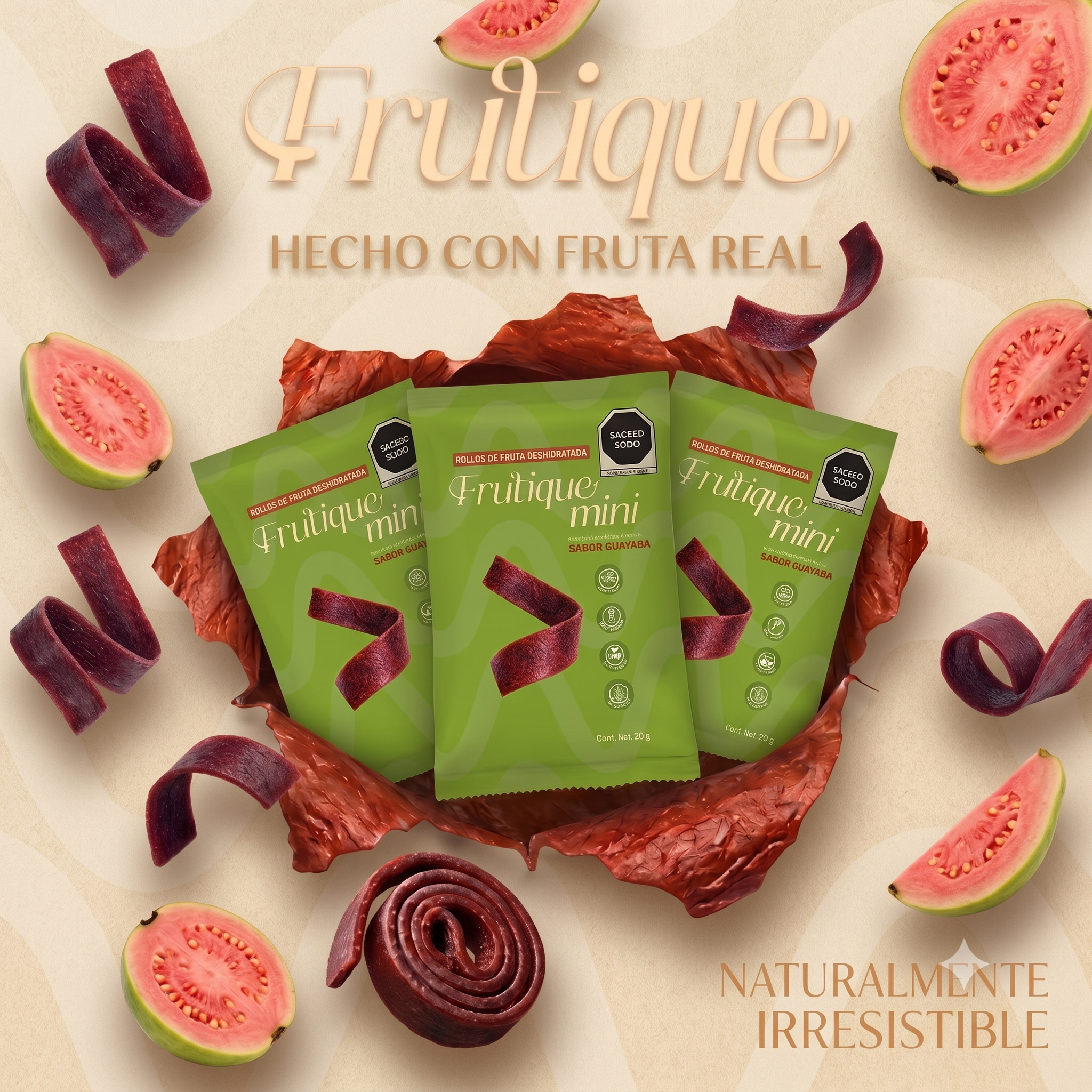 Frutique Mini, Rollos de Fruta 100% Natural - Sabor Guayaba - 6 Bolsas x Caja