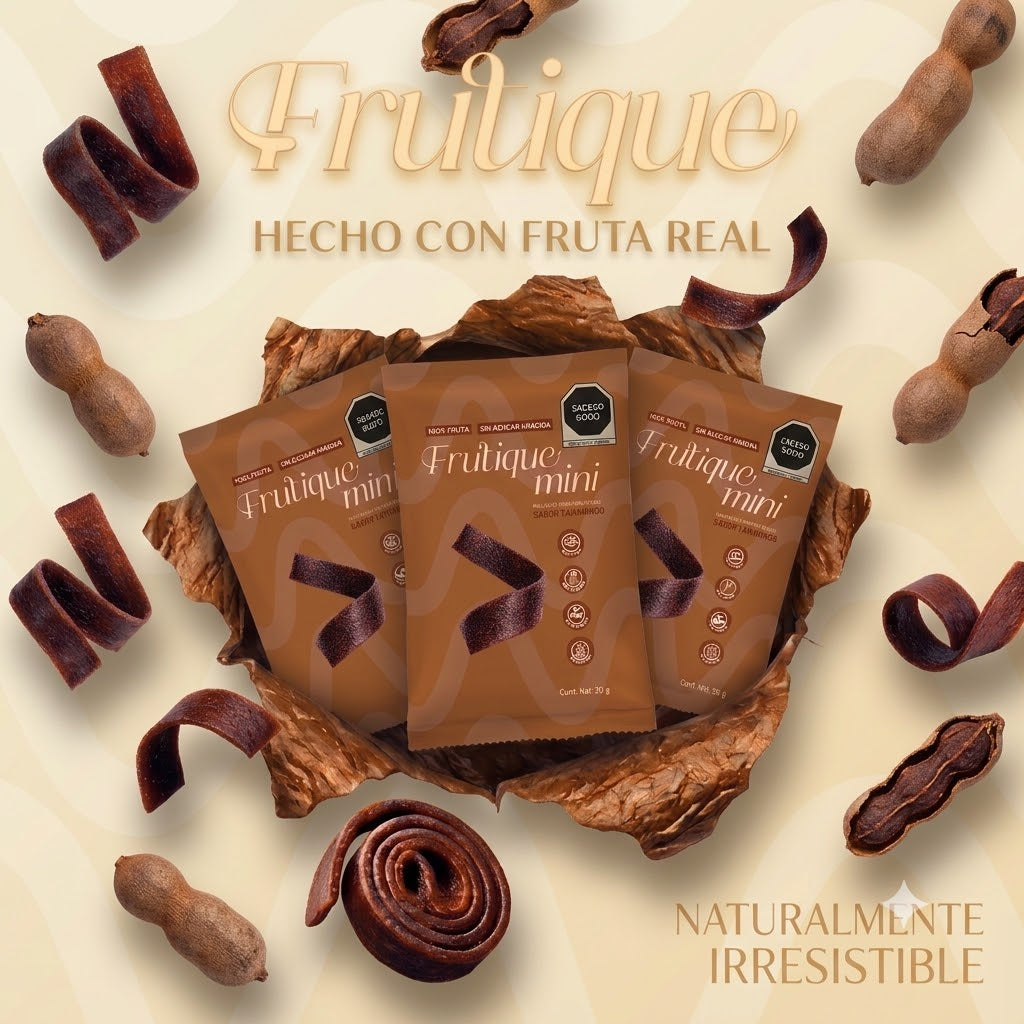 Frutique Mini, Rollos de Fruta Sabor Tamarindo 100% Natural Deshidratada, Endulzados Con Datil  – Snack Saludable Sin Azúcar – 6 Bolsas Bolsa Con 20g c/u – Botana Natural para Lunch y Snacks.