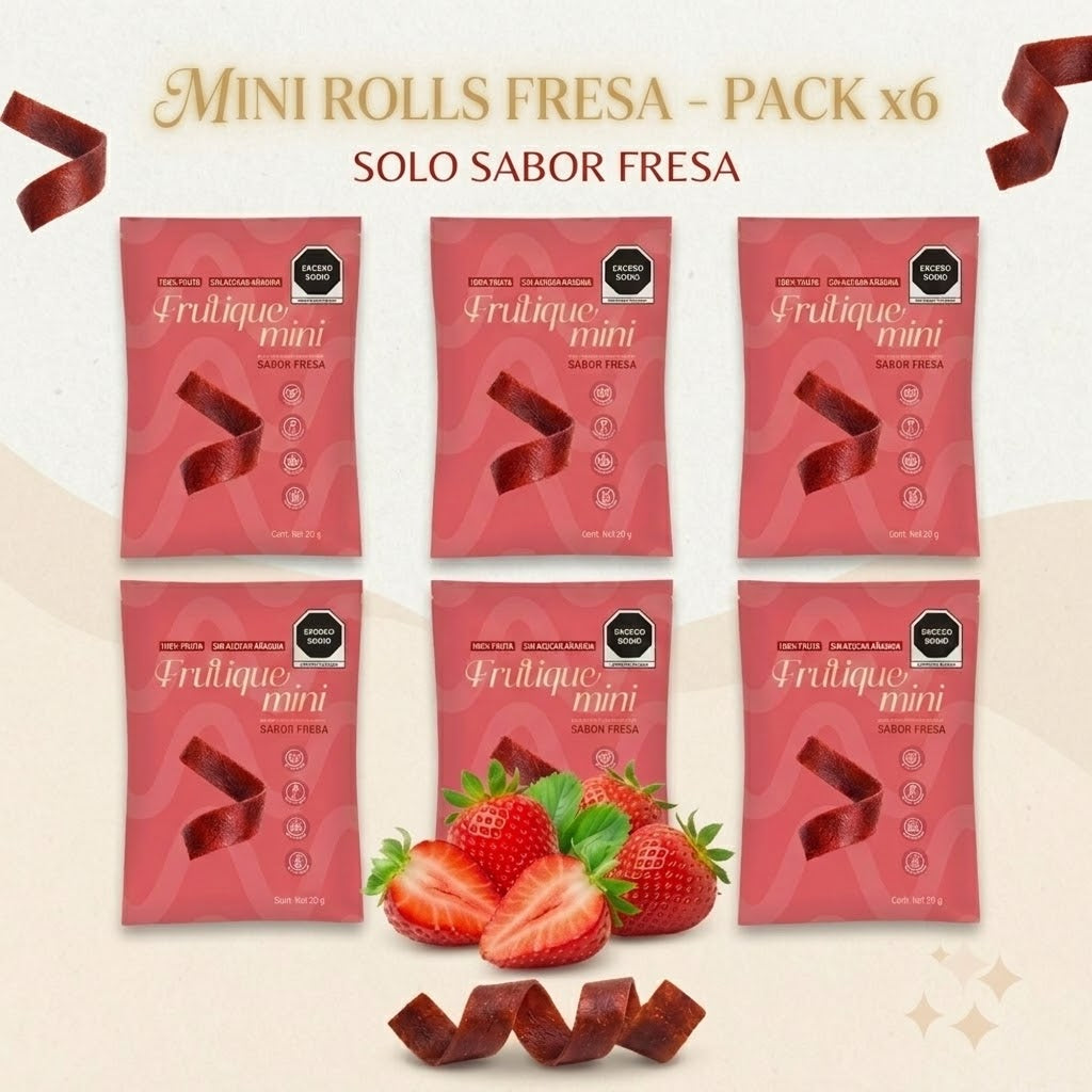 Frutique Mini, Rollos de Fruta Sabor Fresa 100% Natural Deshidratada, Endulzados Con Datil  – Snack Saludable Sin Azúcar – 6 Bolsas Bolsa Con 20g c/u – Botana Natural para Lunch y Snacks