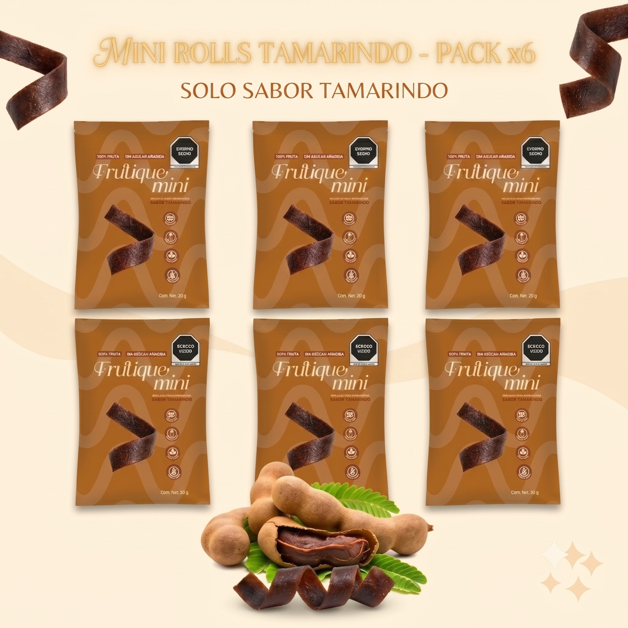 Frutique Mini, Rollos de Fruta 100% Natural - Sabor Tamarindo - 6 Bolsas x Caja