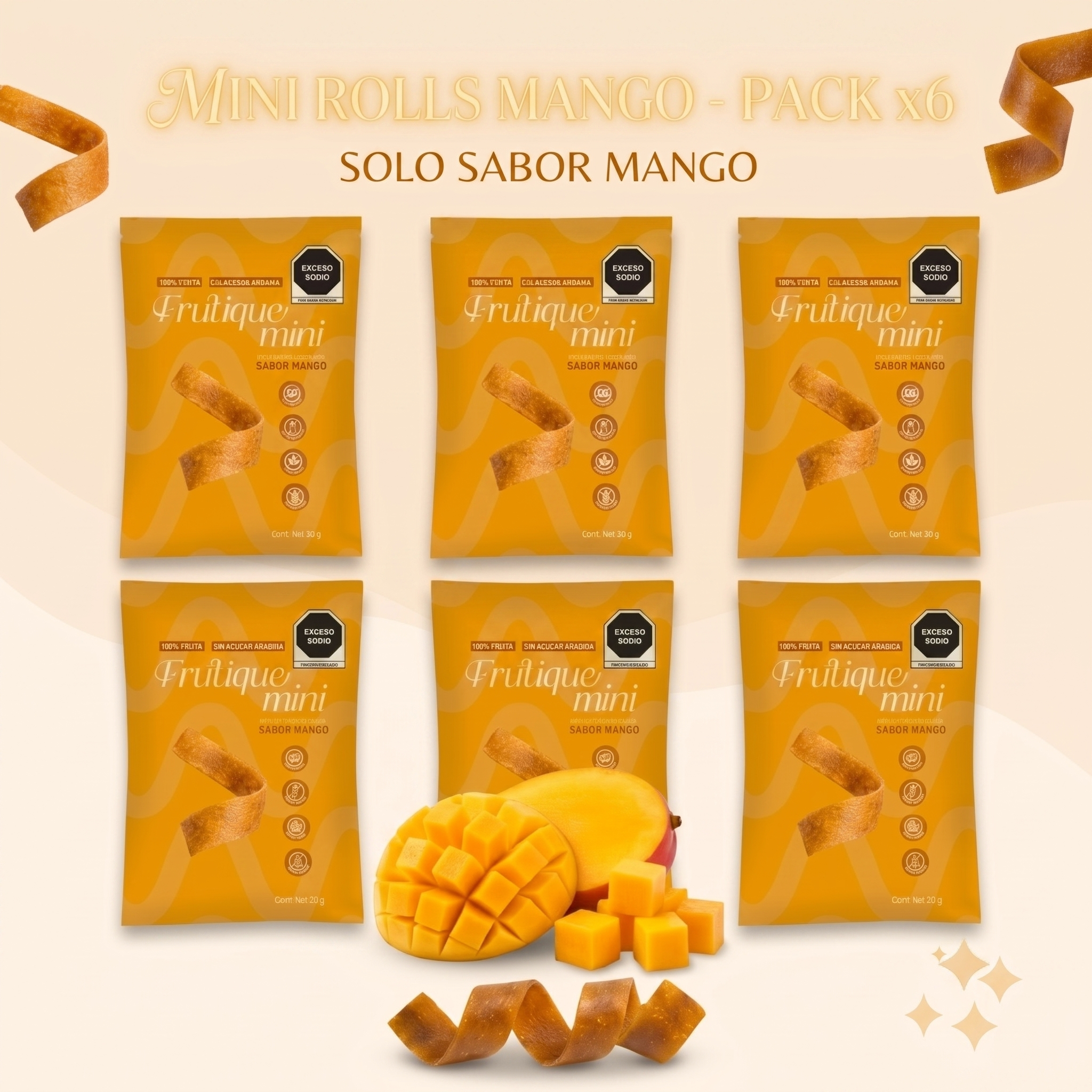 Frutique Mini, Rollos de Fruta 100% Natural - Sabor Mango - 6 Bolsas x Caja