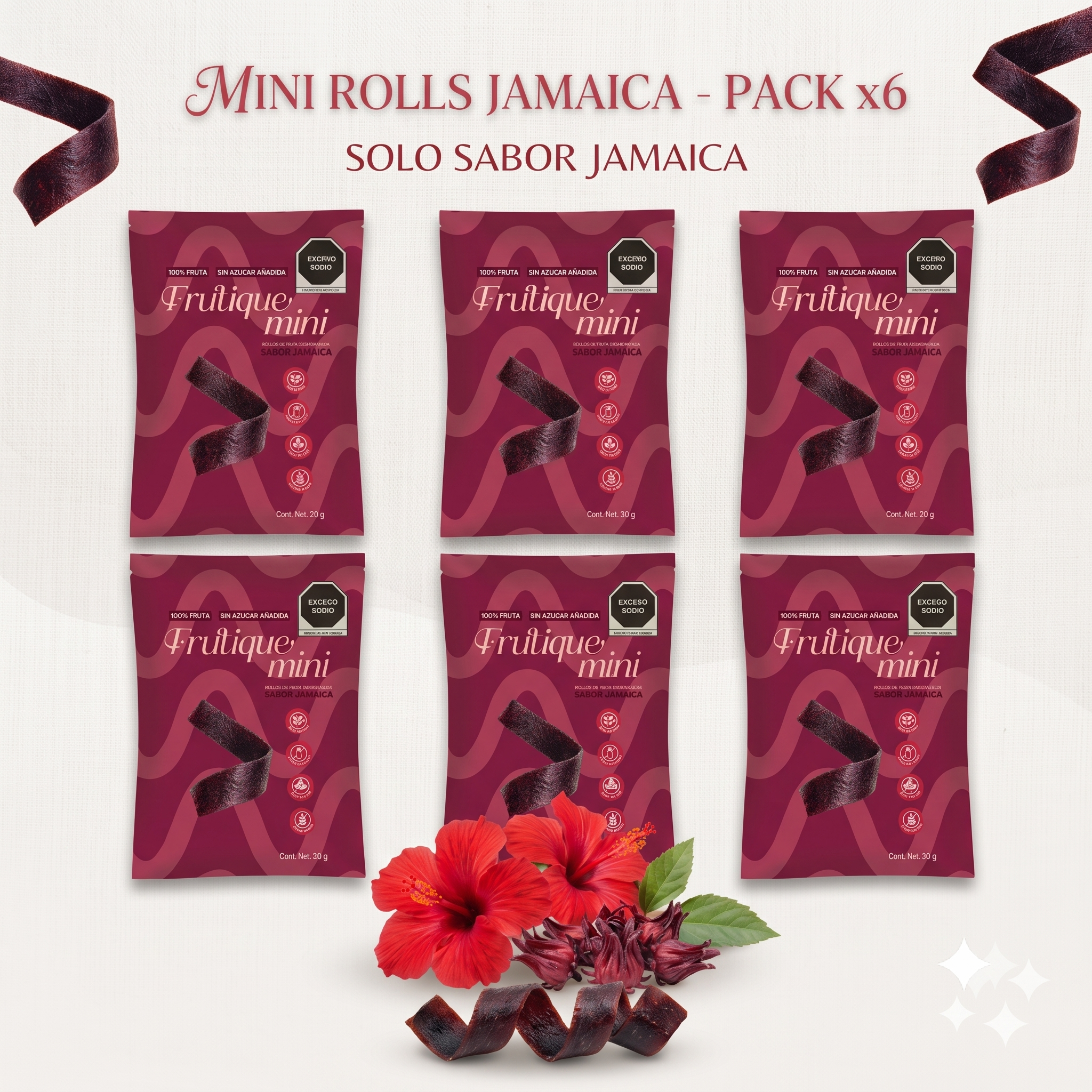 Frutique Mini, Rollos de Fruta 100% Natural - Sabor Jamaica - 6 Bolsas x Caja