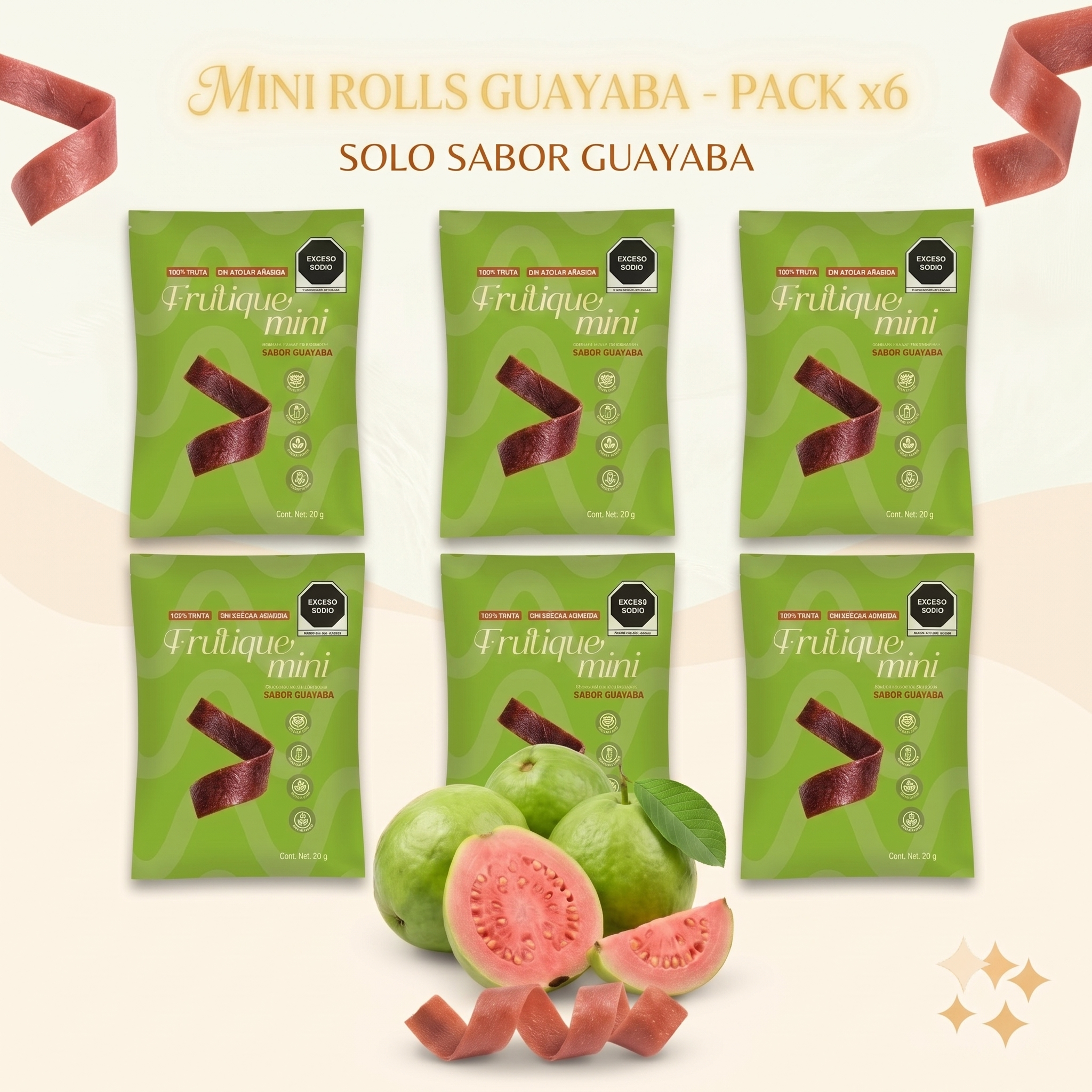 Frutique Mini, Rollos de Fruta 100% Natural - Sabor Guayaba - 6 Bolsas x Caja