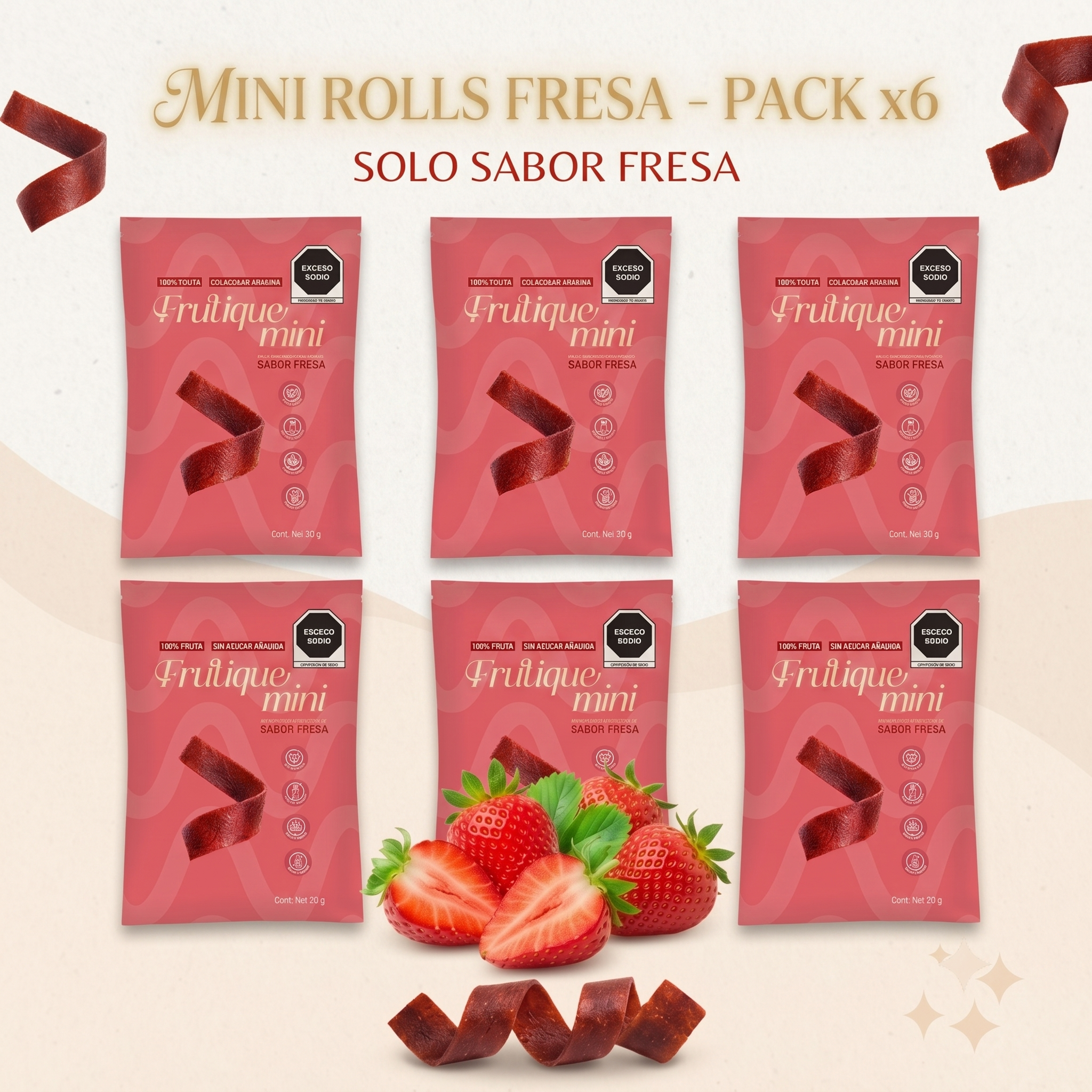 Frutique Mini, Rollos de Fruta 100% Natural - Sabor Mango - 6 Bolsas x Caja