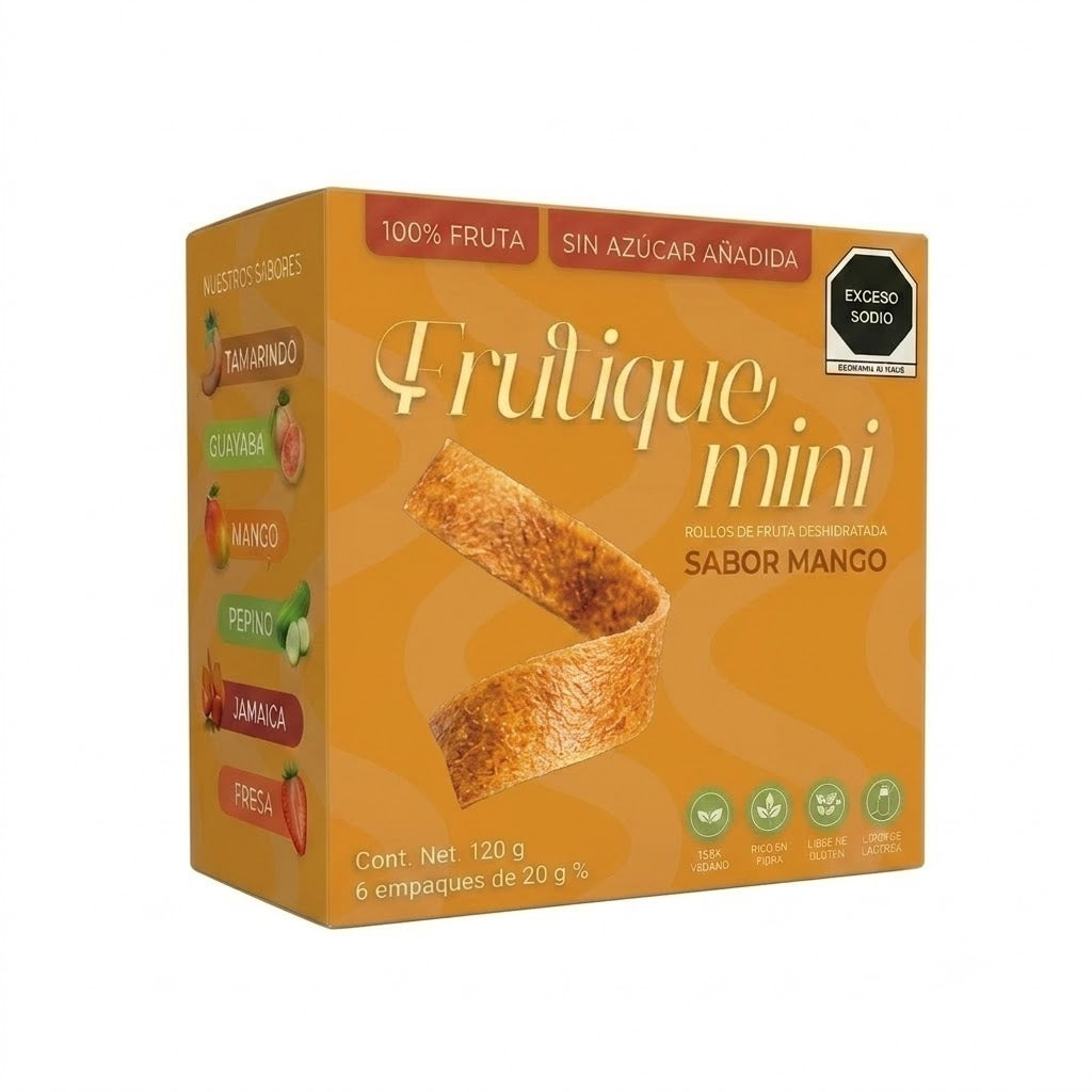 Frutique Mini, Rollos de Fruta Sabor Mango 100% Natural Deshidratada, Endulzados Con Datil  – Snack Saludable Sin Azúcar – 6 Bolsas Bolsa Con 20g c/u – Botana Natural para Lunch y Snacks.