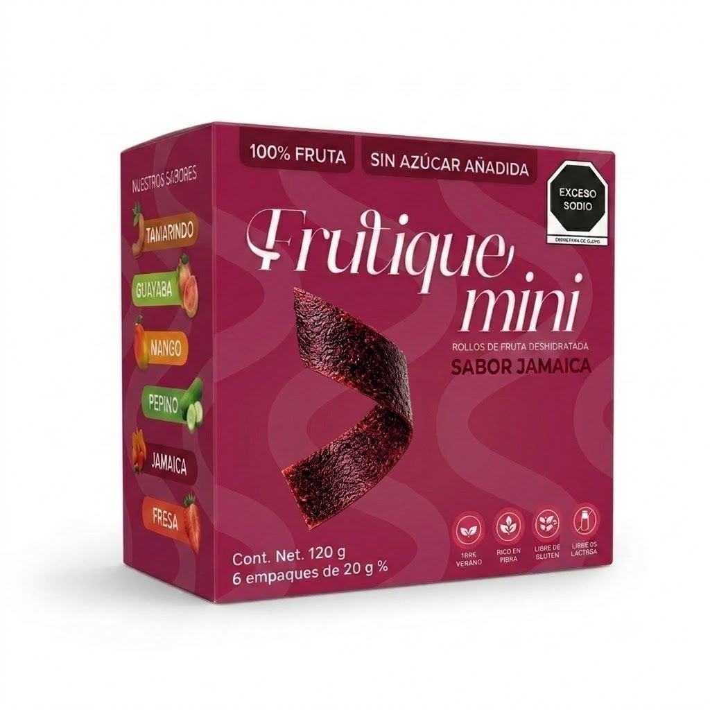 Frutique Mini, Rollos de Fruta Sabor Jamaica 100% Natural Deshidratada, Endulzados Con Datil  – Snack Saludable Sin Azúcar – 6 Bolsas Bolsa Con 20g c/u – Botana Natural para Lunch y Snacks.