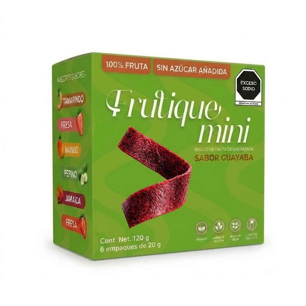 Frutique Mini, Rollos de Fruta Sabor Guayaba 100% Natural Deshidratada, Endulzados Con Datil  – Snack Saludable Sin Azúcar – 6 Bolsas Bolsa Con 20g c/u – Botana Natural para Lunch y Snacks.