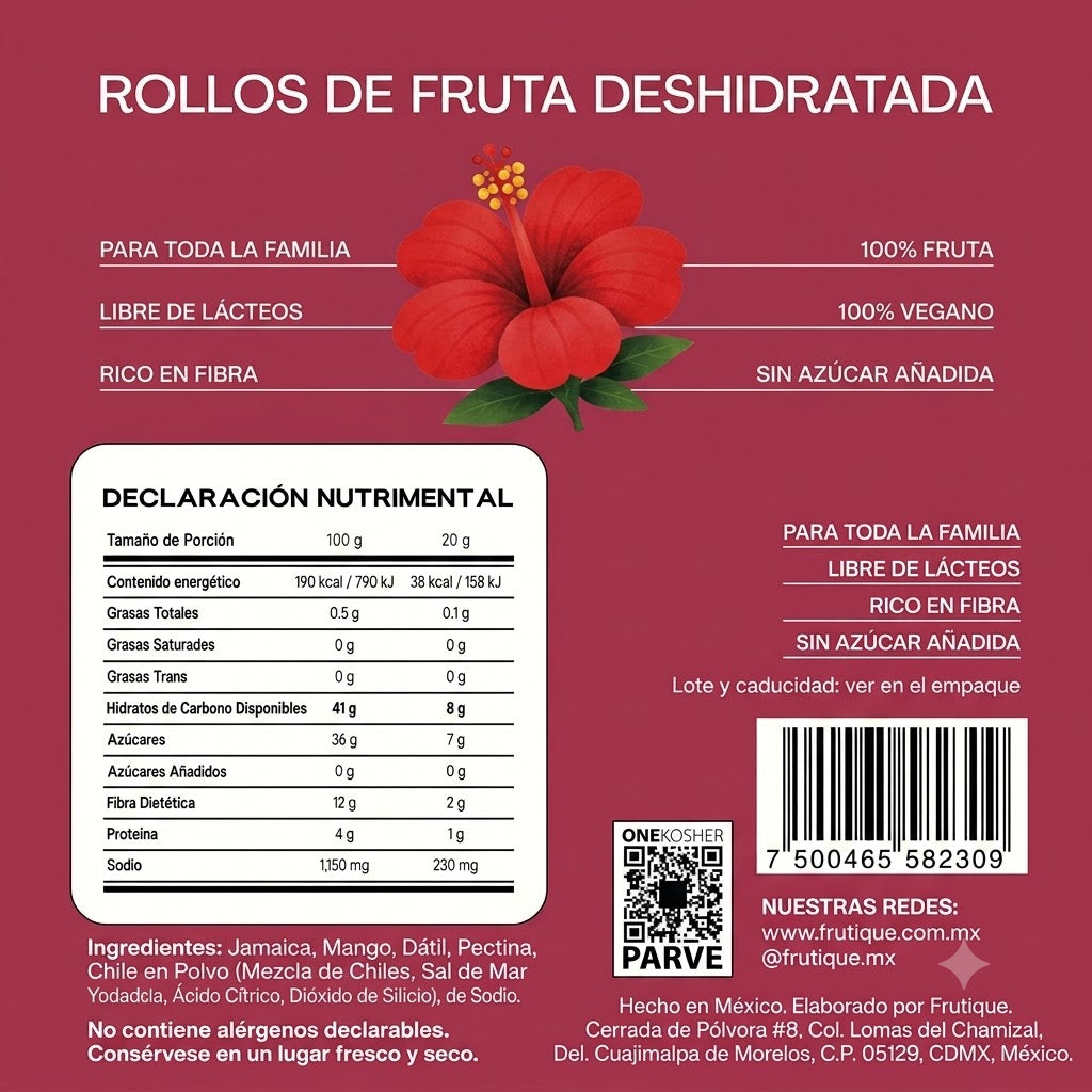 Frutique Mini, Rollos de Fruta Sabor Jamaica 100% Natural Deshidratada, Endulzados Con Datil  – Snack Saludable Sin Azúcar – 6 Bolsas Bolsa Con 20g c/u – Botana Natural para Lunch y Snacks.