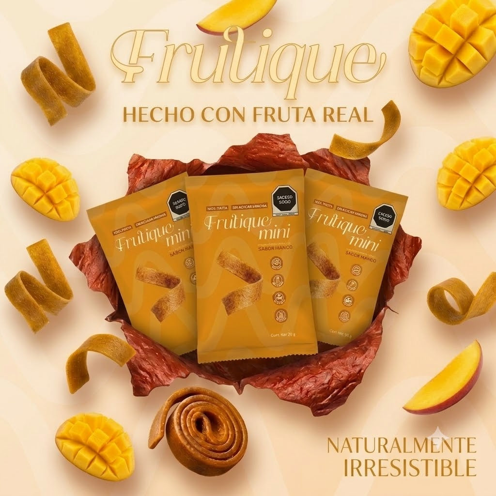 Frutique Mini, Rollos de Fruta Sabor Mango 100% Natural Deshidratada, Endulzados Con Datil  – Snack Saludable Sin Azúcar – 6 Bolsas Bolsa Con 20g c/u – Botana Natural para Lunch y Snacks.