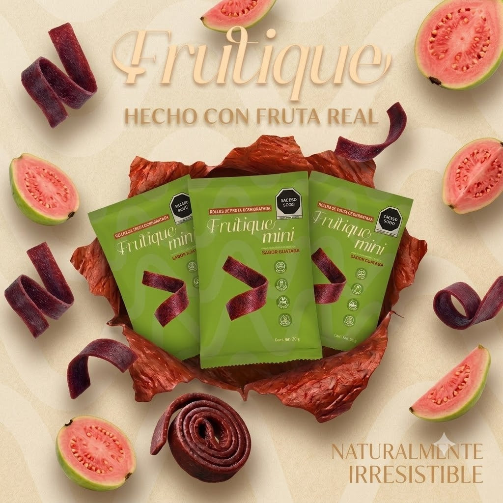 Frutique Mini, Rollos de Fruta Sabor Guayaba 100% Natural Deshidratada, Endulzados Con Datil  – Snack Saludable Sin Azúcar – 6 Bolsas Bolsa Con 20g c/u – Botana Natural para Lunch y Snacks.