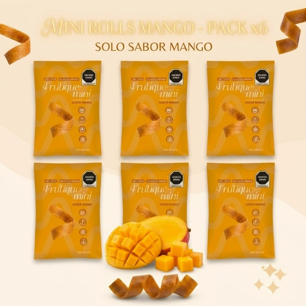 Frutique Mini, Rollos de Fruta Sabor Mango 100% Natural Deshidratada, Endulzados Con Datil  – Snack Saludable Sin Azúcar – 6 Bolsas Bolsa Con 20g c/u – Botana Natural para Lunch y Snacks.