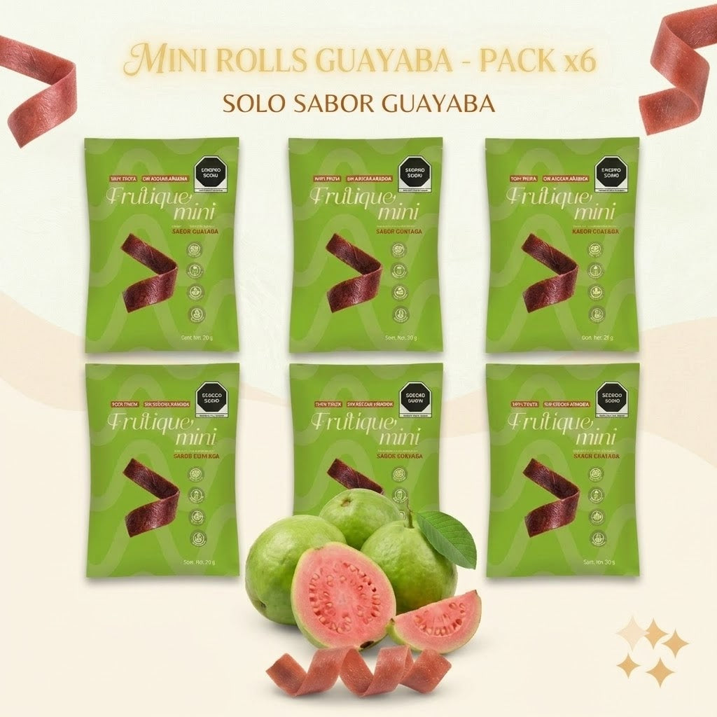Frutique Mini, Rollos de Fruta Sabor Guayaba 100% Natural Deshidratada, Endulzados Con Datil  – Snack Saludable Sin Azúcar – 6 Bolsas Bolsa Con 20g c/u – Botana Natural para Lunch y Snacks.