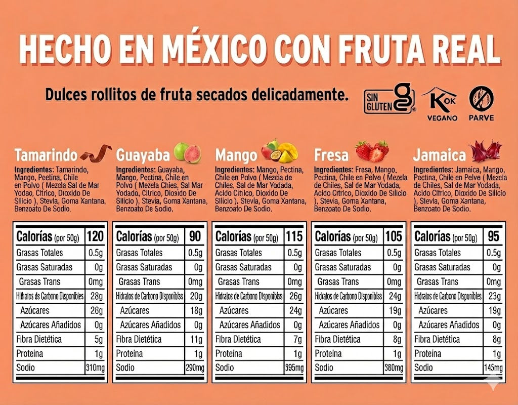 Fruta Deshidratada Natural, 100% Fruta, Tiras Sin Azúcar añadida, Pack 20
