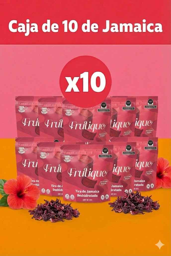Jamaica Deshidratada Natural, 100% Fruta, Tiras Sin Azúcar añadida, Pack 10