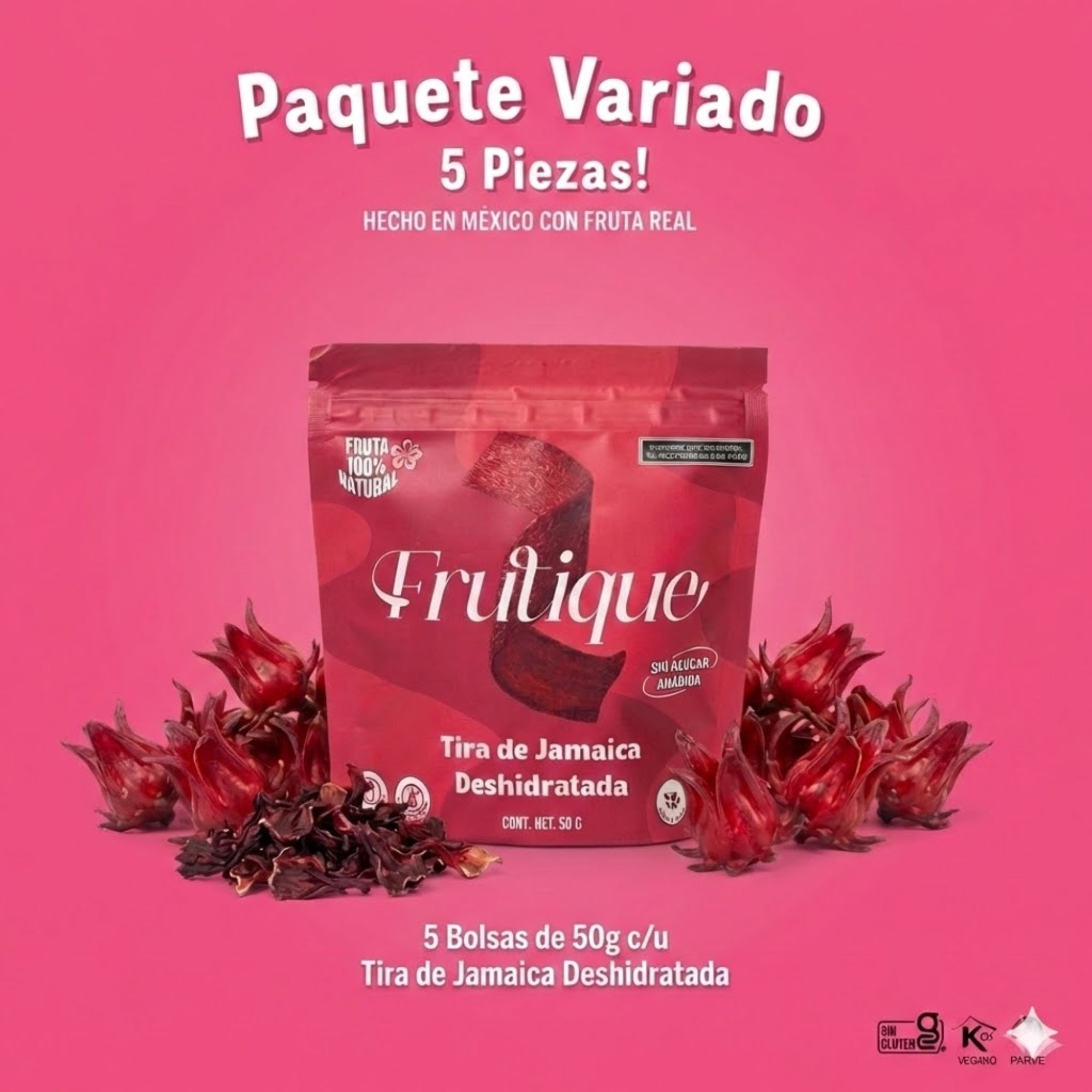 Jamaica Deshidratada Natural, 100% Fruta, Tiras Sin Azúcar añadida, pack 5