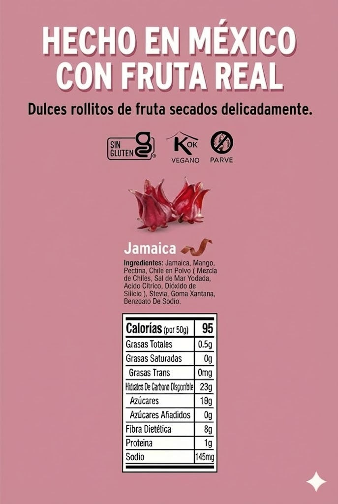Jamaica Deshidratada Natural, 100% Fruta, Tiras Sin Azúcar añadida, Pack 10