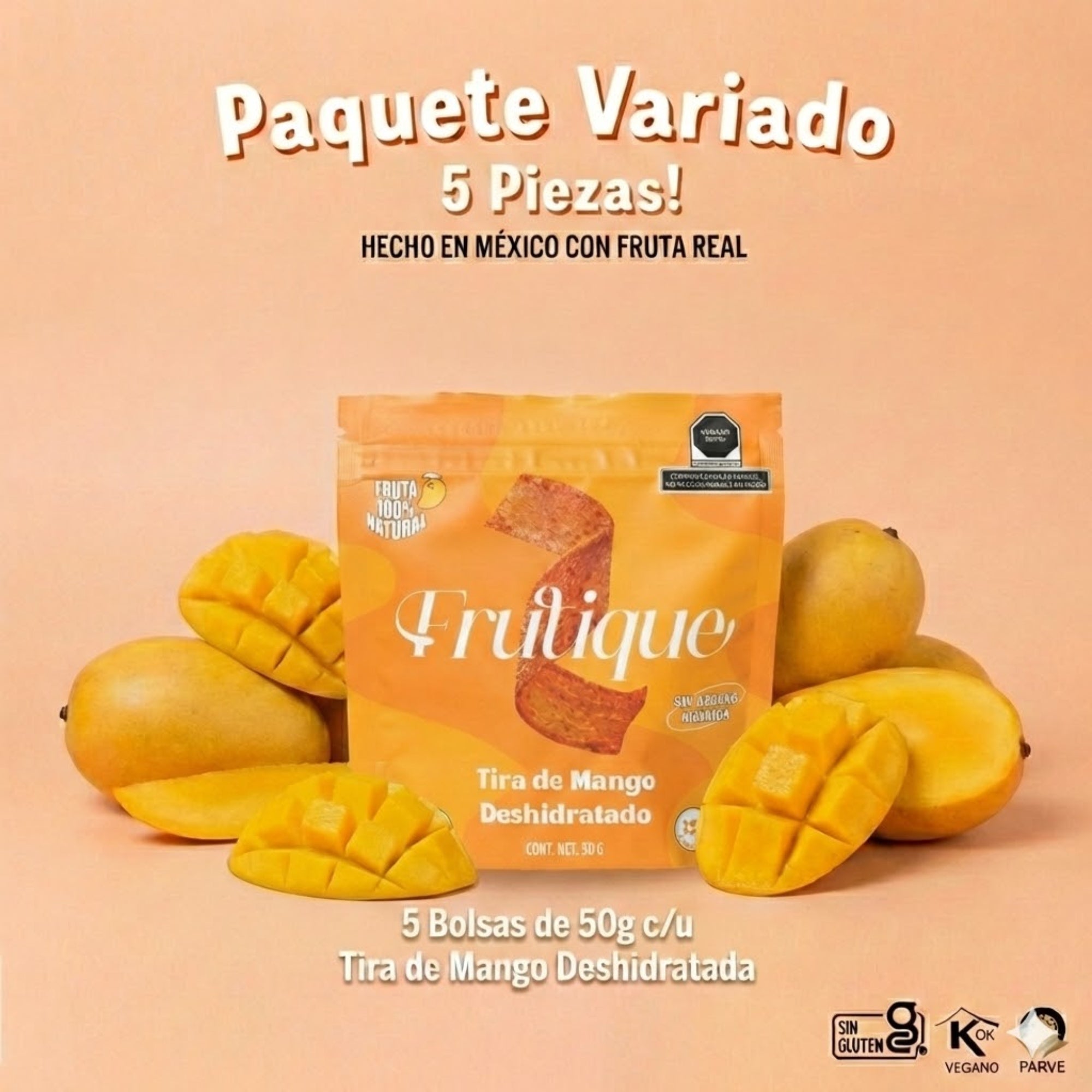 Mango Deshidratado Natural, 100% Fruta, Tiras Sin Azúcar añadida, pack 5