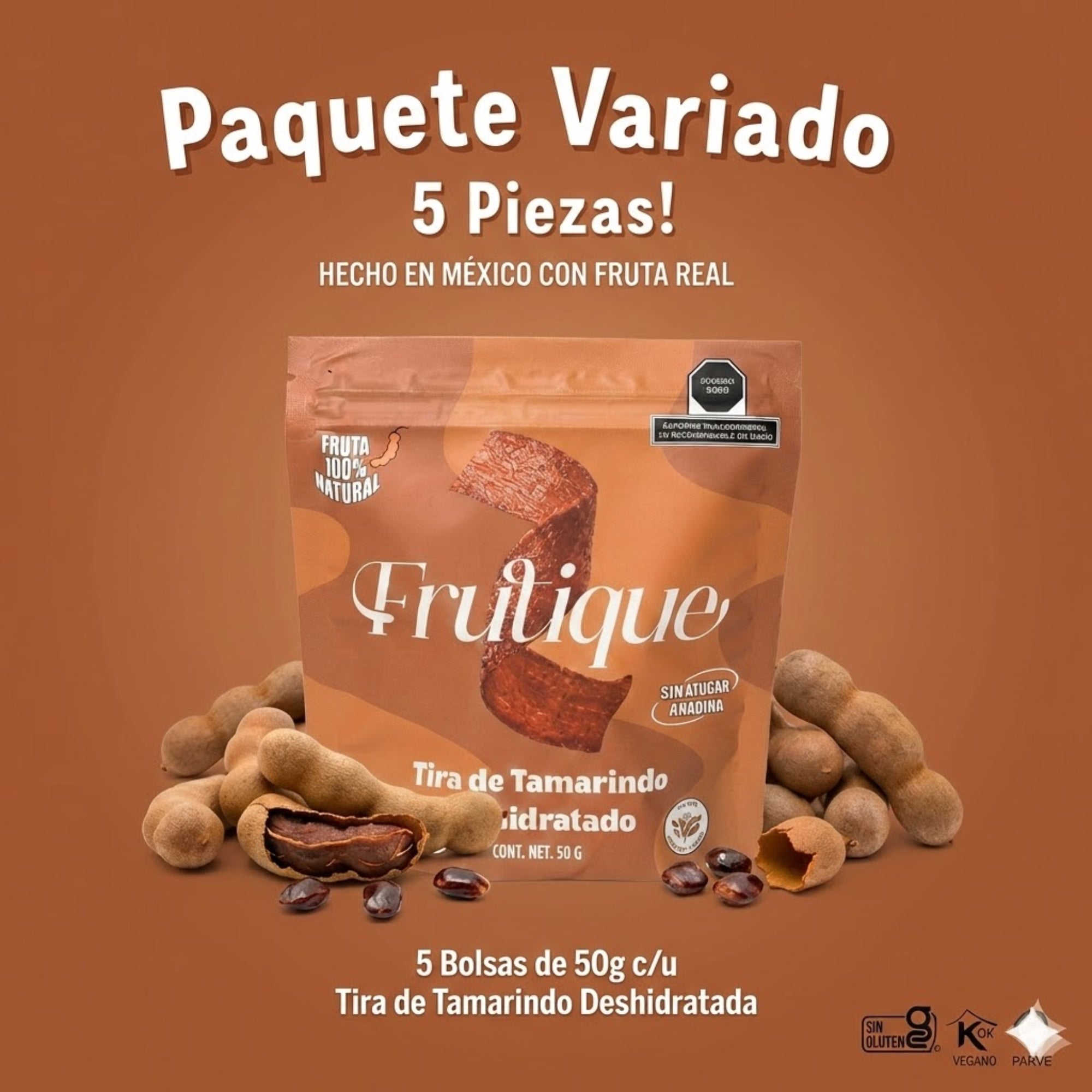 Tamarindo Deshidratado Natural, 100% Fruta, Tiras Sin Azúcar añadida, pack 5